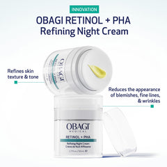 Close-up of Obagi Medical Retinol + PHA night cream jar for overnight renewal.