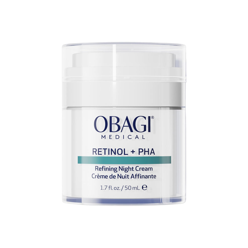 Obagi Medical Retinol + PHA night cream packaging on vanity for nightly routine.