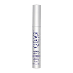 Obagi Nu-Cil serum bottle closeup highlights premium lash nourishment for daily use