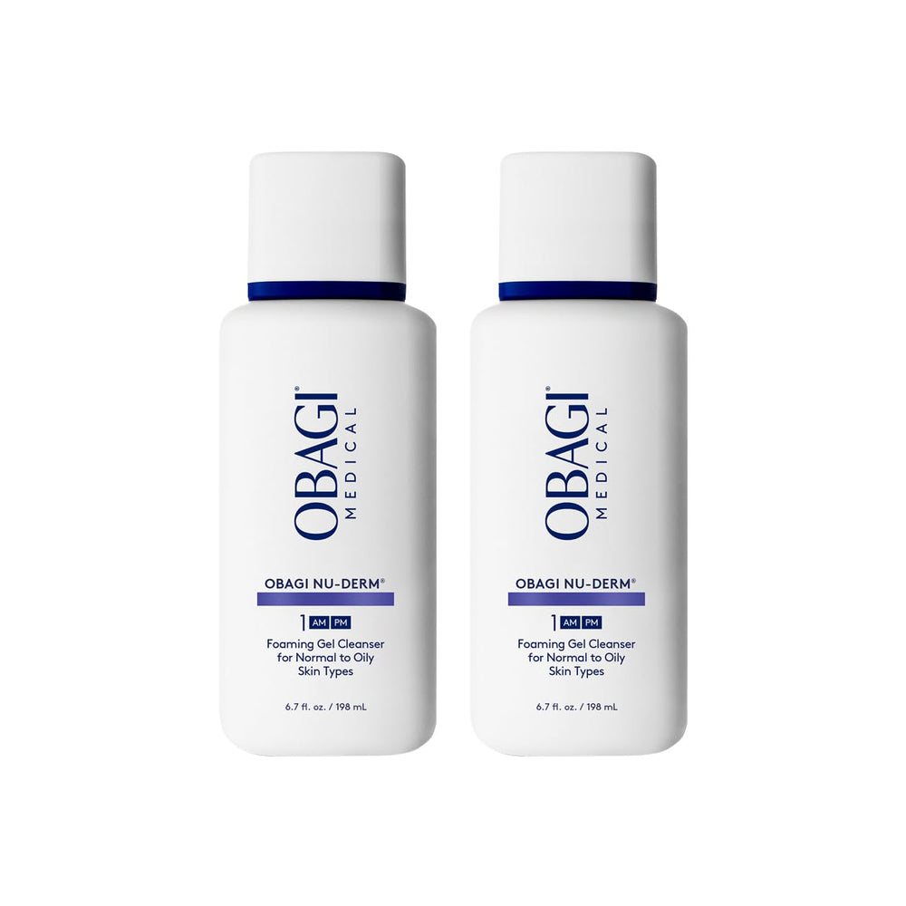 Obagi Nu-Derm Foaming Gel bottle close-up for daily cleansing and oil control.