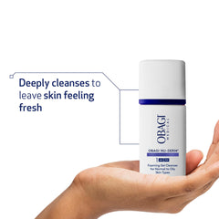 Obagi Nu-Derm Foaming Gel hand-application demonstrates gentle cleansing.