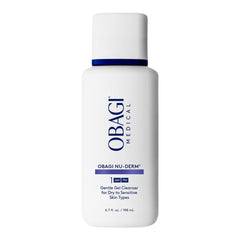 Obagi Nu-Derm Gentle Cleanser bottle demonstrates gentle cleansing for clean skin.