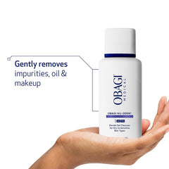 Obagi Nu-Derm Gentle Cleanser pour-shot emphasizes effortless makeup removal.
