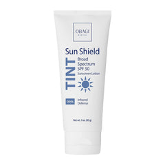 Obagi Sun Shield tinted sunscreen bottle with SPF 50 broad-spectrum protection for daily use.