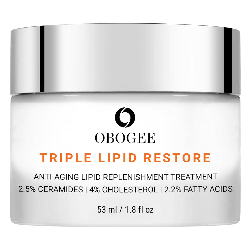 OBOGEE Triple Lipid-Peptide Cream jar closeup shows rich texture for firming and plumping.