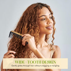 OBW OREN'S Bamboo Wide Tooth Comb in hair demonstrates detangling on wet strands