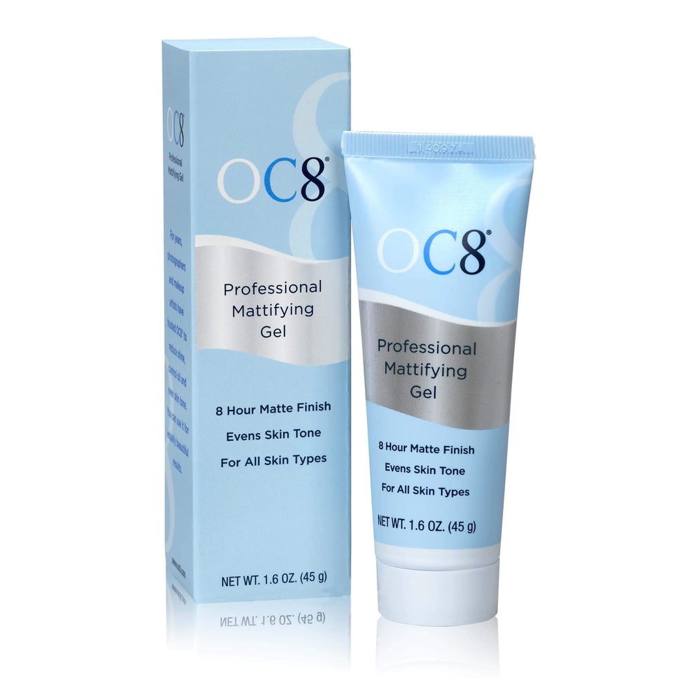 OC8 Professional Anti Shine Gel bottle demonstrates oil-absorbing matte finish for shine control