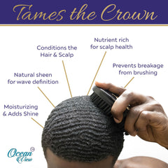 Ocean View Deep Waves Pomade application on hair demonstrates 360 wave formation and sleek shine.