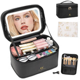 OCHEAL makeup bag with LED mirror open, showing organized brush compartment for travel.