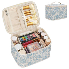 OCHEAL Travel Makeup Bag blue floral main compartment keeps cosmetics organized on trips.