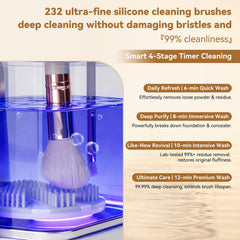 OctHope compact USB cleaner-dryer on vanity enables portable, clutter-free makeup care