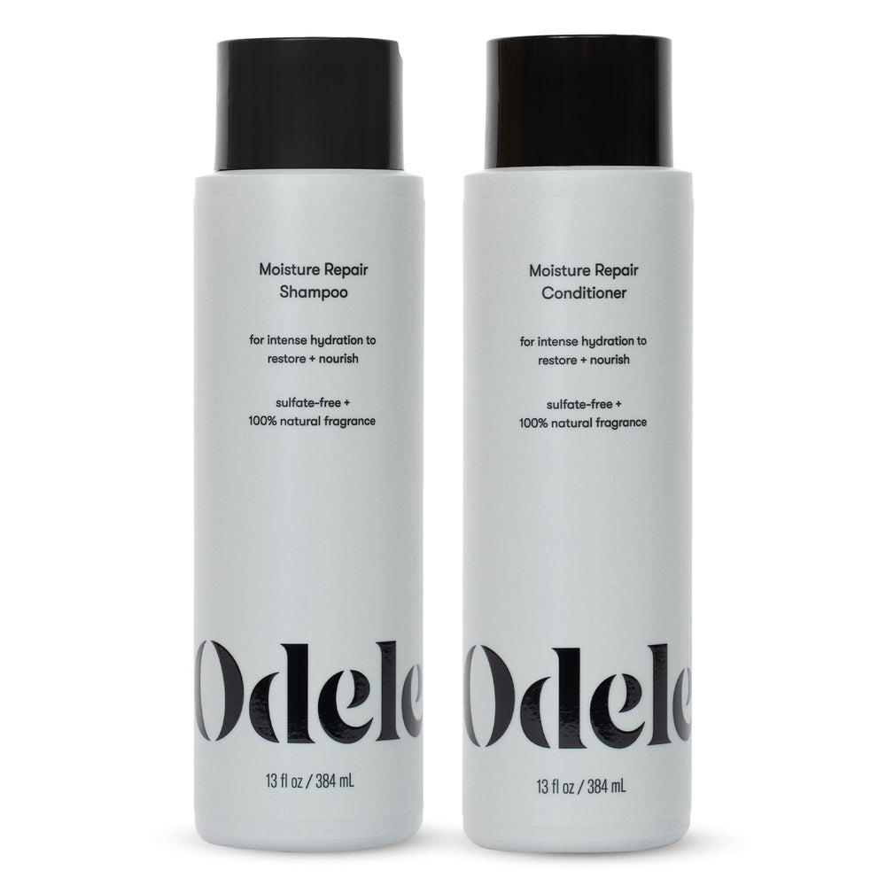 Odele Moisture Repair shampoo bottle closeup highlights sulfate-free cleansing for sensitive scalps