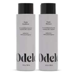Odele Purple Shampoo bottle demonstrates brassy-tone neutralization for blonde hair.