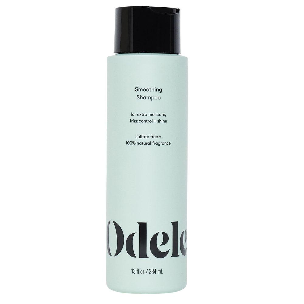 Odele Smoothing Shampoo bottle shows frizz control for all hair textures.