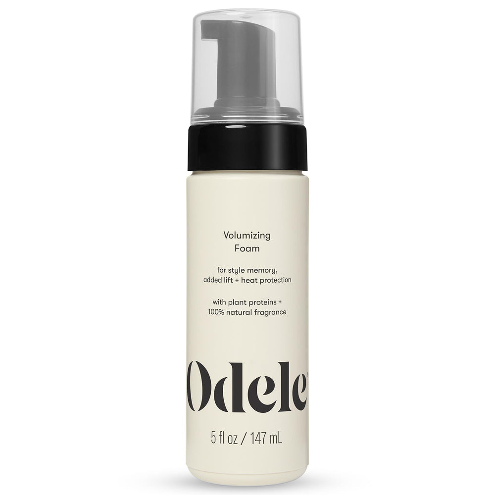 Odele Volumizing Foam Bottle showing lift and lightweight texture for voluminous hair.