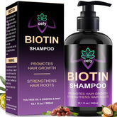 oely biotin hair growth shampoo bottle demonstrates root-activator benefits for fuller hair.