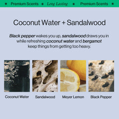 OffCourt packaging highlights bold coconut water and sandalwood scent.