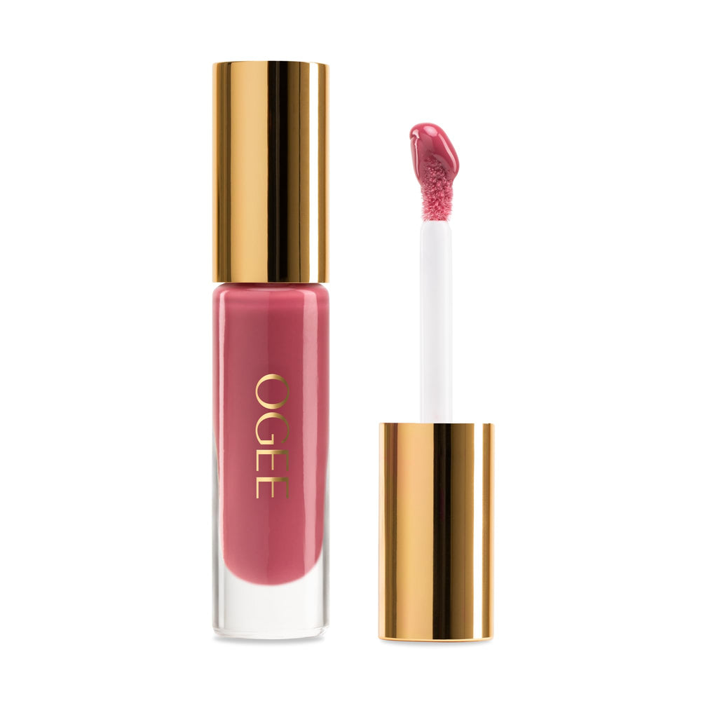 Ogee Beyond Clean Lip Gloss Wild Rose tube with high-shine rosy pink color.