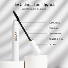 Ogee Beyond Clean Mascara wand in use shows lift and volume with minimal clumping