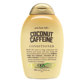 OGX anti-hair fall coconut caffeine conditioner bottle showing strengthening benefits
