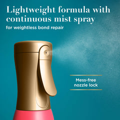OGX being sprayed on damp hair mid-lengths to ends, shows heat prep benefit