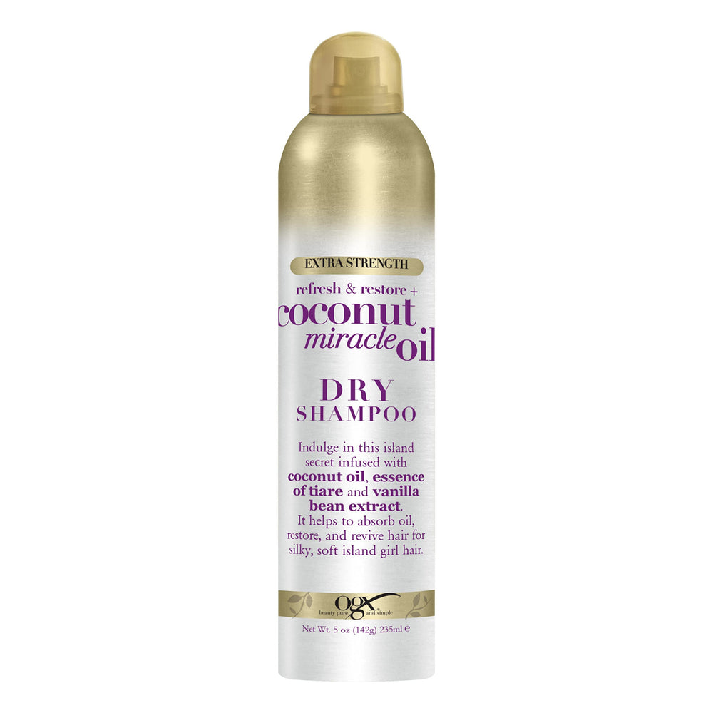 OGX dry shampoo bottle shows tropical coconut scent and oil-absorbing action for between-washes