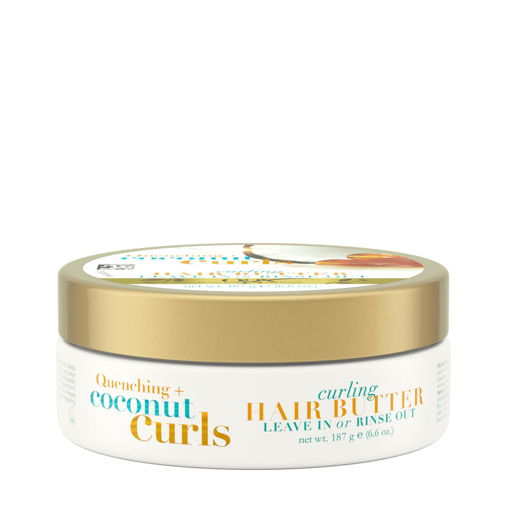 OGX Quenching Coconut Curls Butter bottle pour for detangling and curl definition.