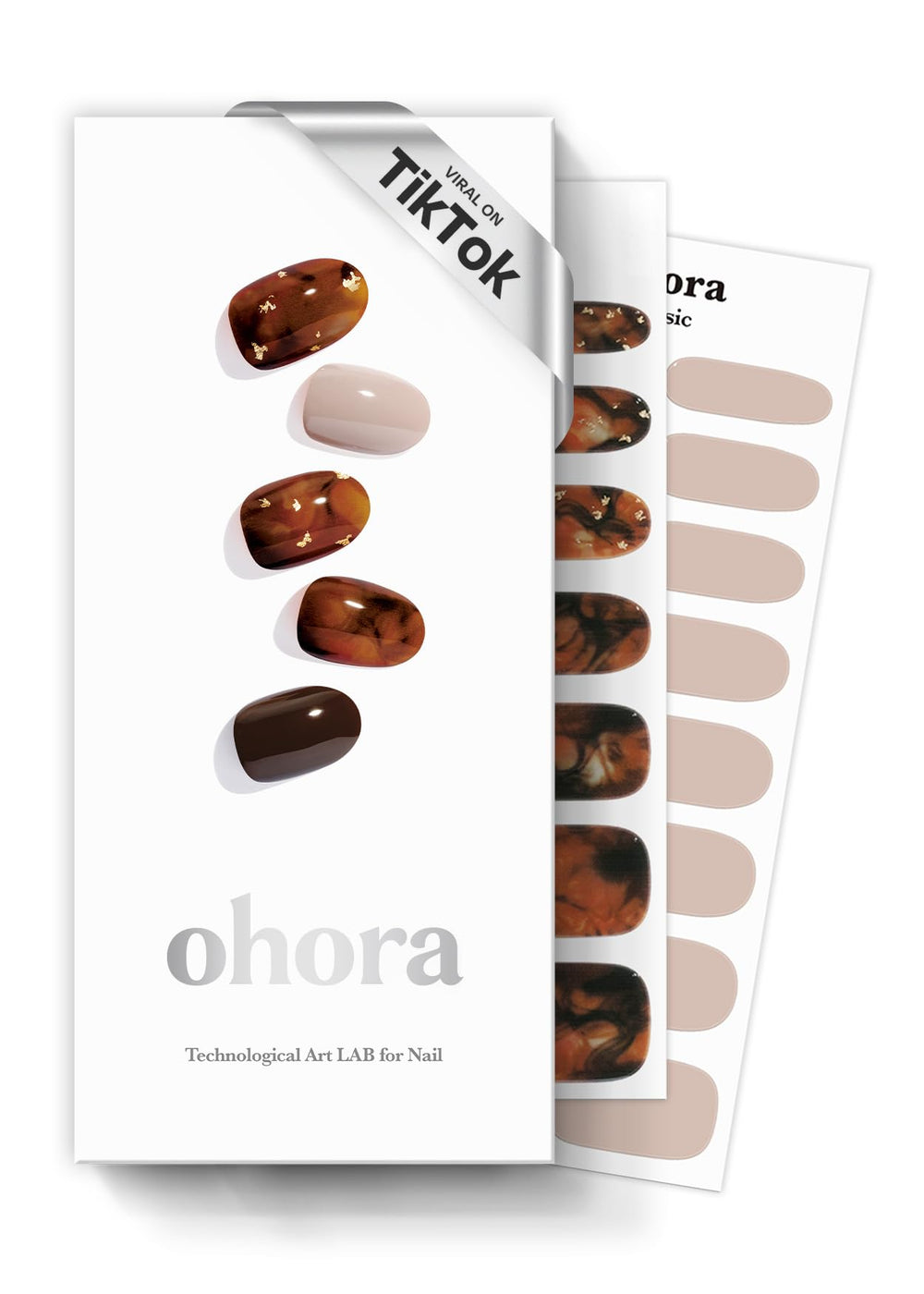 ohora semi-cured gel nail strips N Brown Sugar closeup for a glossy marble-like manicure.