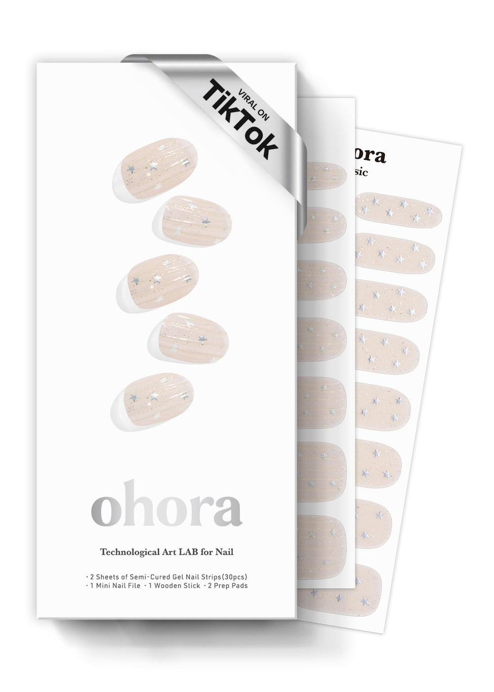 ohora Semi Cured Gel Nail Strips N Milky Star box closeup for at-home manicure convenience.