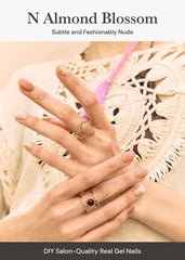 ohora semi-cured nail strips almond blossom on nails—showcases fast, easy application for busy days