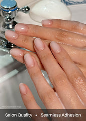 ohora semi cured nail strips Coconut Jelly under lamp cure shows lasting shine.