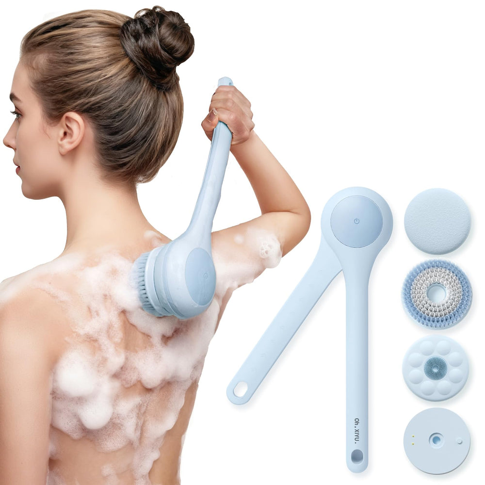 OhXiYu electric body brush back scrubber with angled handle for back cleansing.