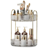 Oifecsie 360° rotating makeup organizer top compartment keeps brushes neatly separated and accessible.