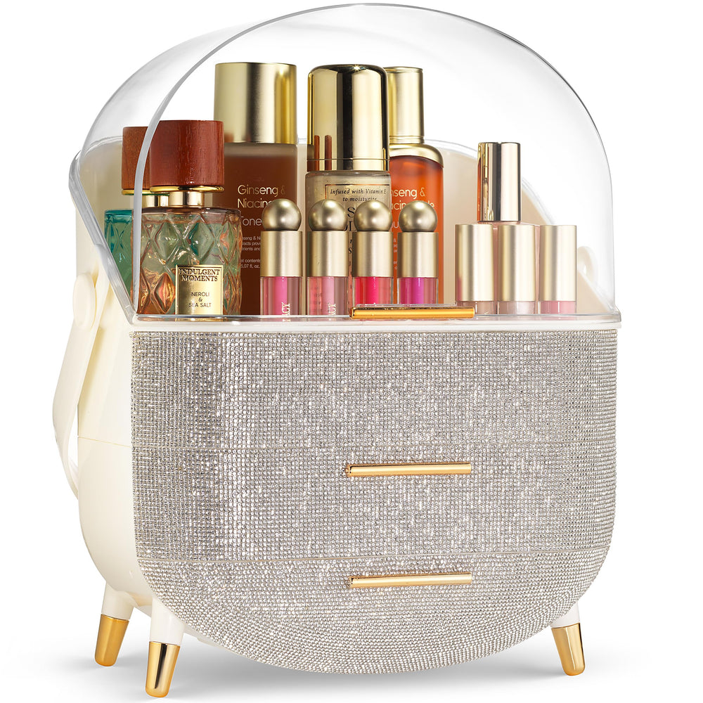 Oizeir Covered Makeup Countertop with dome lid keeps cosmetics dust-free and visible.