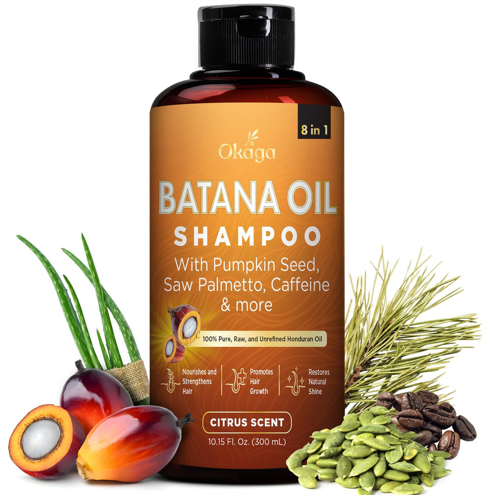 Okaga Batana Oil Shampoo bottle with citrus scent for daily scalp care.