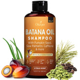 Okaga Batana Oil Shampoo bottle with citrus scent for daily scalp care.