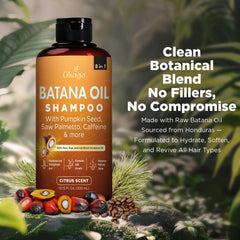 Okaga Batana Oil Shampoo ingredients close-up highlighting batana oil and saw palmetto.