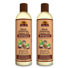 OKAY Black Jamaican Castor Shampoo bottle front highlighting conditioning hydration and natural ingredients.