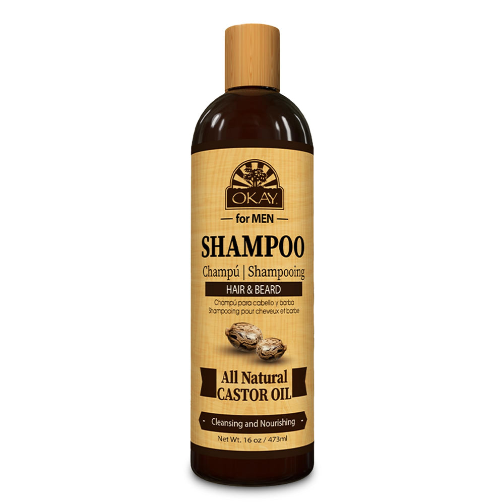 OKAY for MEN Castor Shampoo bottle view highlighting hydrating formula for healthier hair
