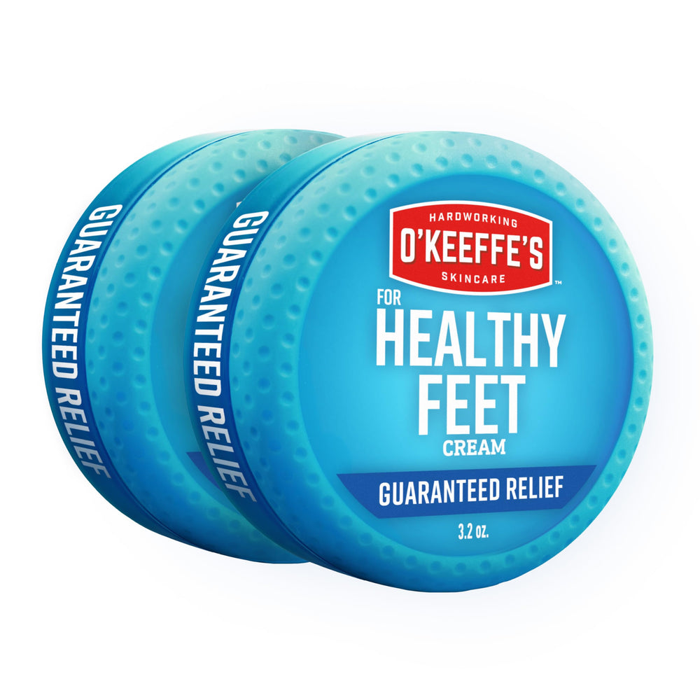 O'Keeffe's Healthy Feet cream jar close-up showing rich hydration for dry feet.