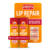 O'Keeffe's Lip Repair Cherry twin-pack close-up showing soothing balm for dry lips.