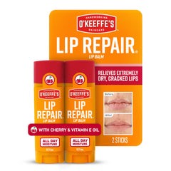 O'Keeffe's Lip Repair Cherry twin-pack close-up showing soothing balm for dry lips.