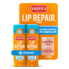 O'Keeffe's Lip Repair twin-pack front view for quick cooling relief on dry lips.