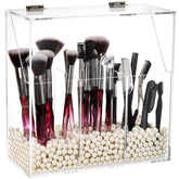 Okllen makeup brush holder with dustproof lid protecting brushes and keeping vanity tidy.