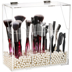 Okllen makeup brush holder with dustproof lid protecting brushes and keeping vanity tidy.