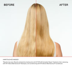Olaplex N°.3PLUS before and after ends comparison showing reduced breakage