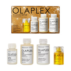Olaplex front packaging of In Good Repair kit showing full product assortment and benefit