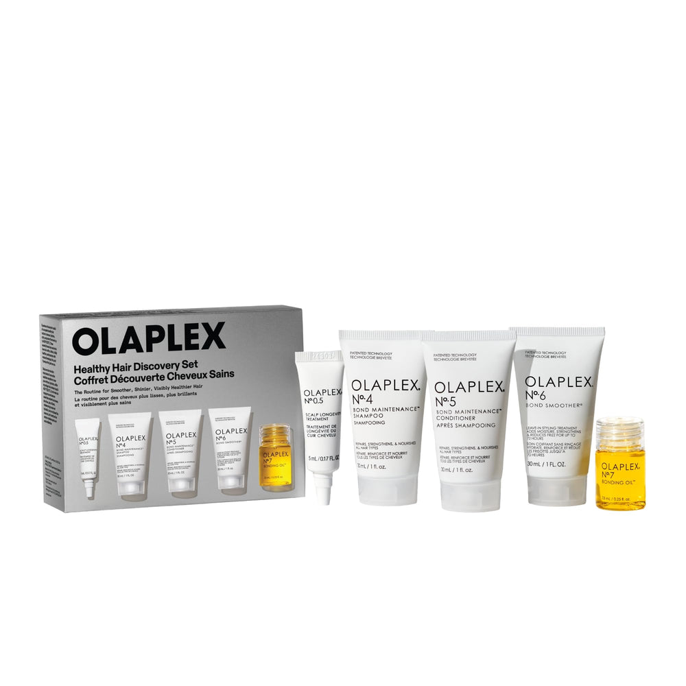 Olaplex travel set front packaging showing all mini bottles, convenient for travel
