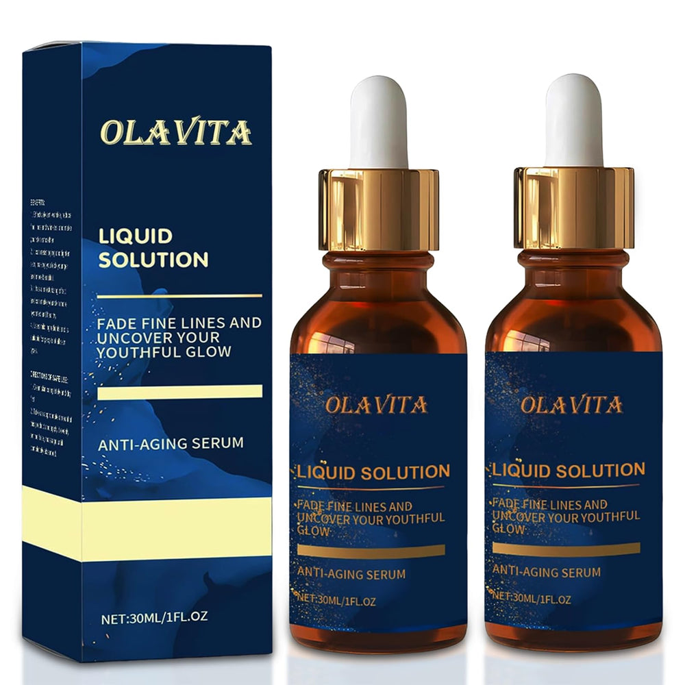 OLAVITA Liquid Solution Anti Aging Serum bottle closeup showing hydration-ready formula.