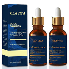 OLAVITA Liquid Solution Anti Aging Serum bottle closeup showing hydration-ready formula.